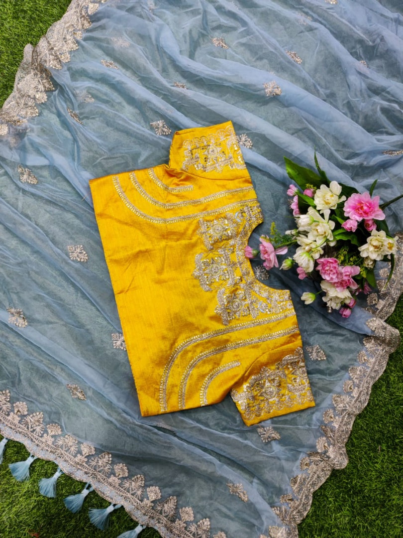 Grey pure organza silk georgette thread work ceremonial saree