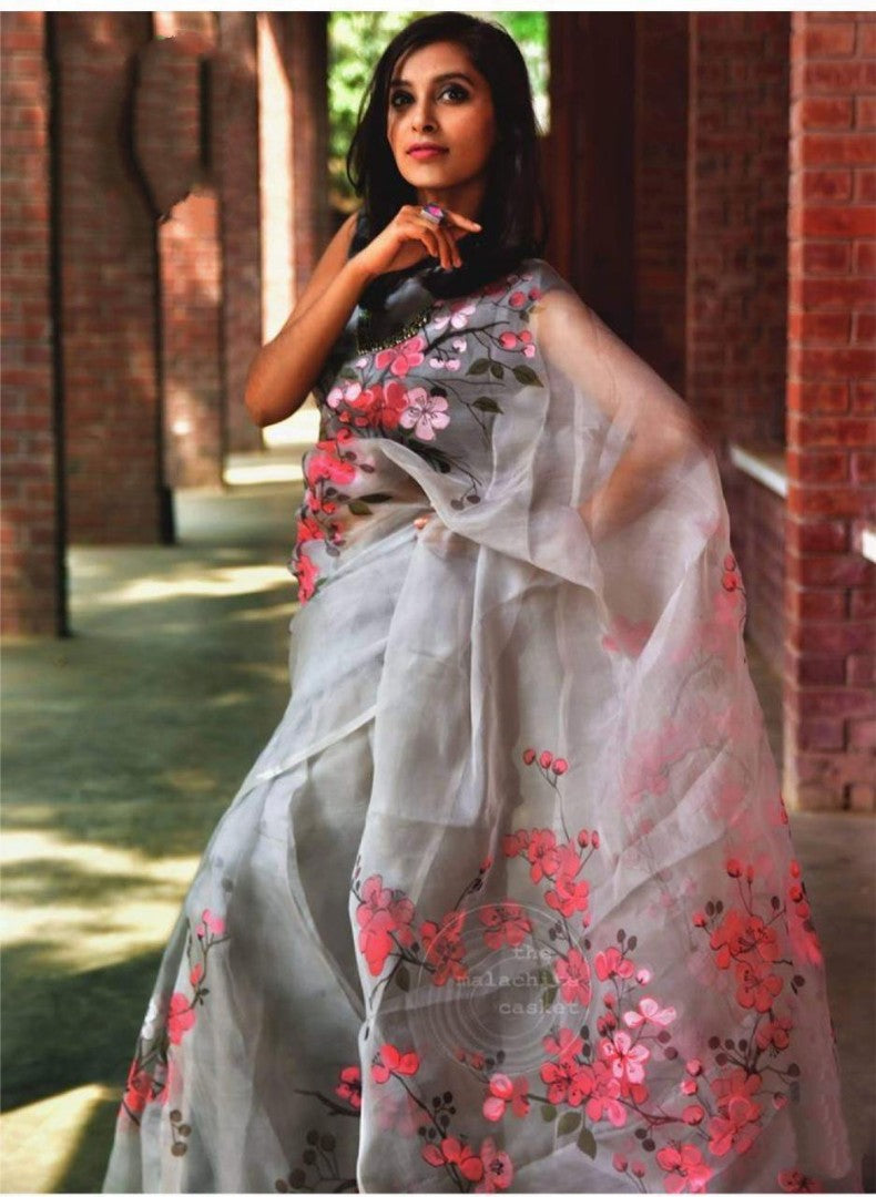 grey pure orgenza net floral digital printed saree