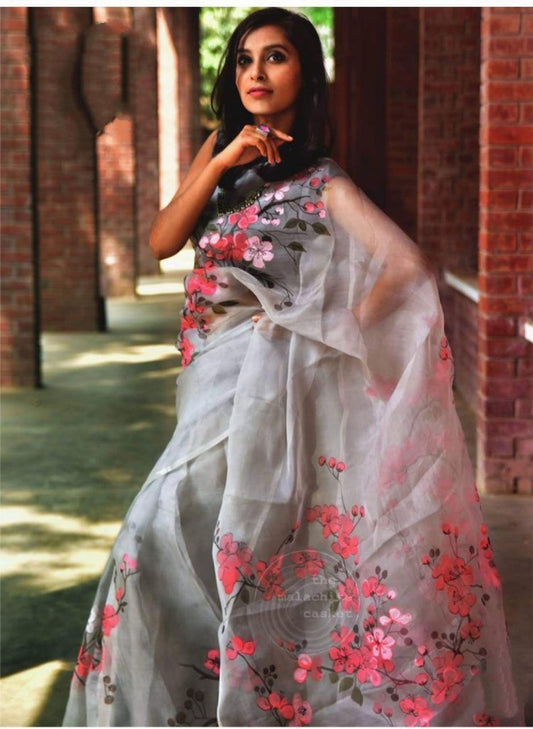 grey pure orgenza net floral digital printed saree