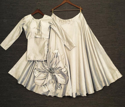 Grey rajwadi chanderi silk hand made flower lehenga choli