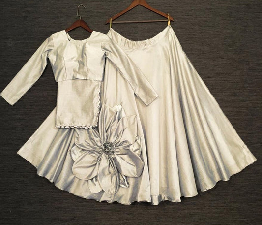 Grey rajwadi chanderi silk hand made flower lehenga choli