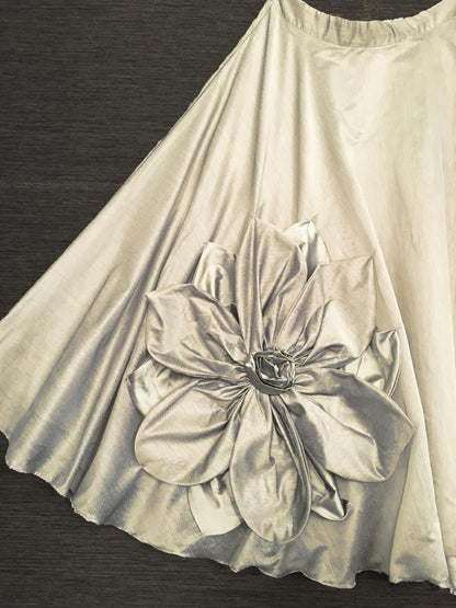 Grey rajwadi chanderi silk hand made flower lehenga choli