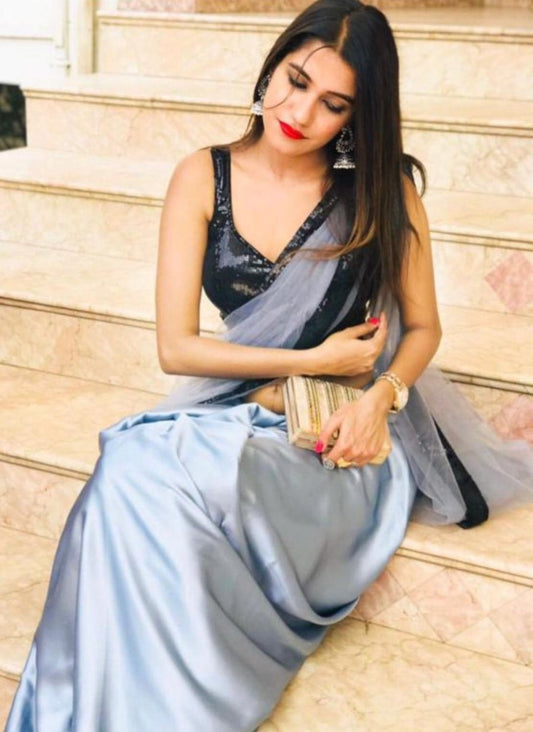 Grey satin and net sequence border work partywear saree