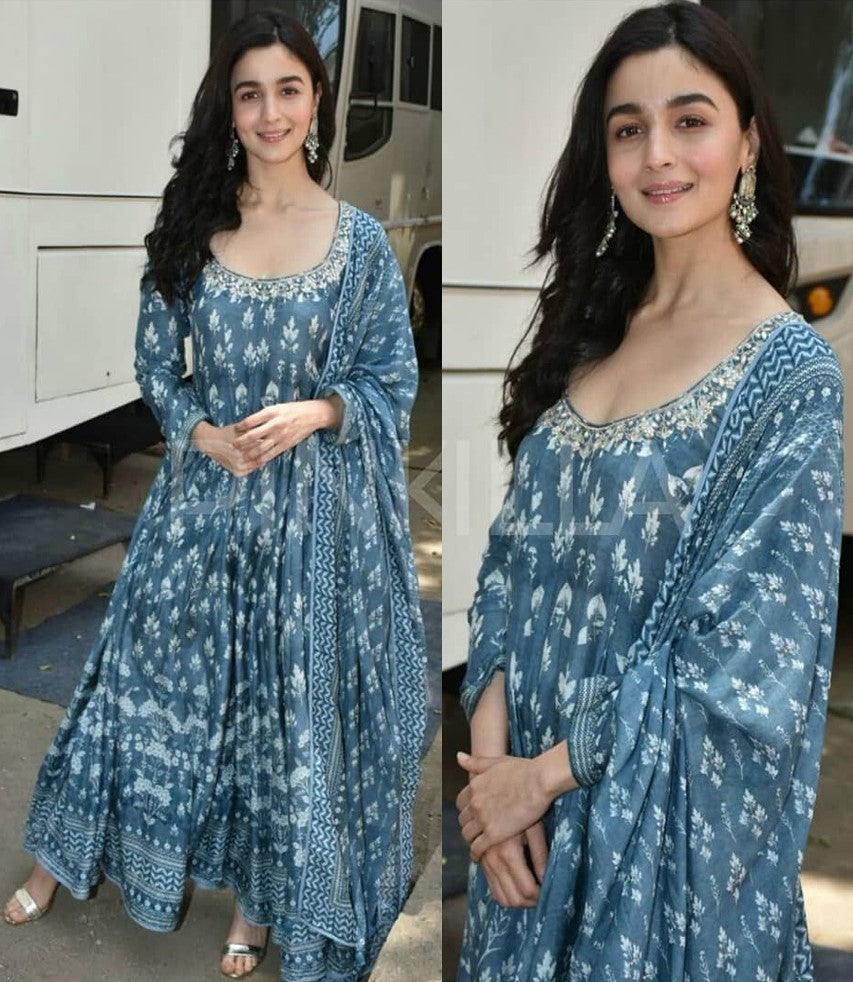 Grey satin banglory silk digital printed bollywood anarkali suit