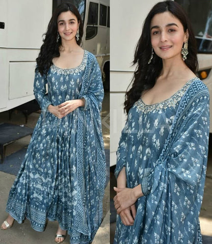 Grey satin banglory silk digital printed bollywood anarkali suit