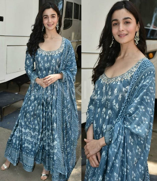 Grey satin banglory silk digital printed bollywood anarkali suit