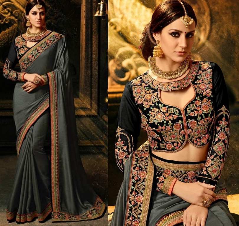 Grey satin chiffon georgette embroidered wedding saree