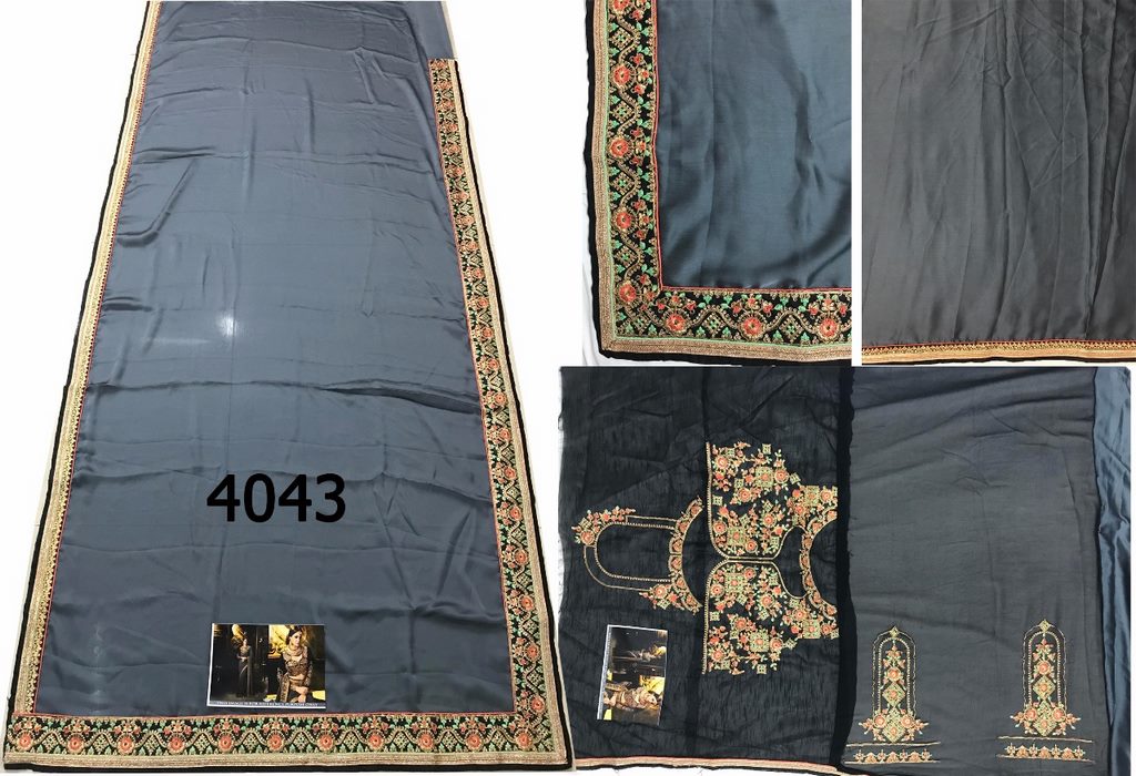 Grey satin chiffon georgette embroidered wedding saree