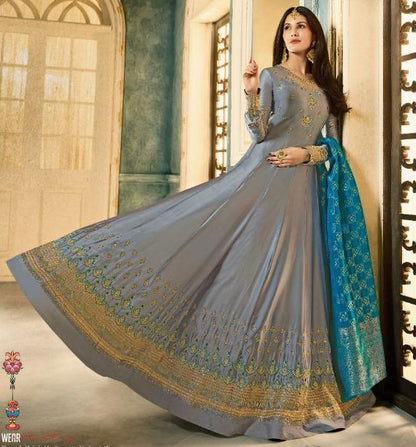 Grey satin georgette long anarkali suit