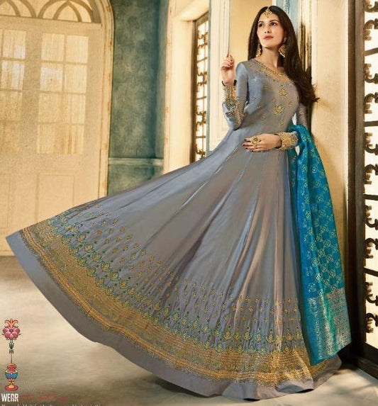 Grey satin georgette long anarkali suit