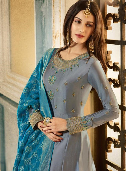Grey satin georgette long anarkali suit