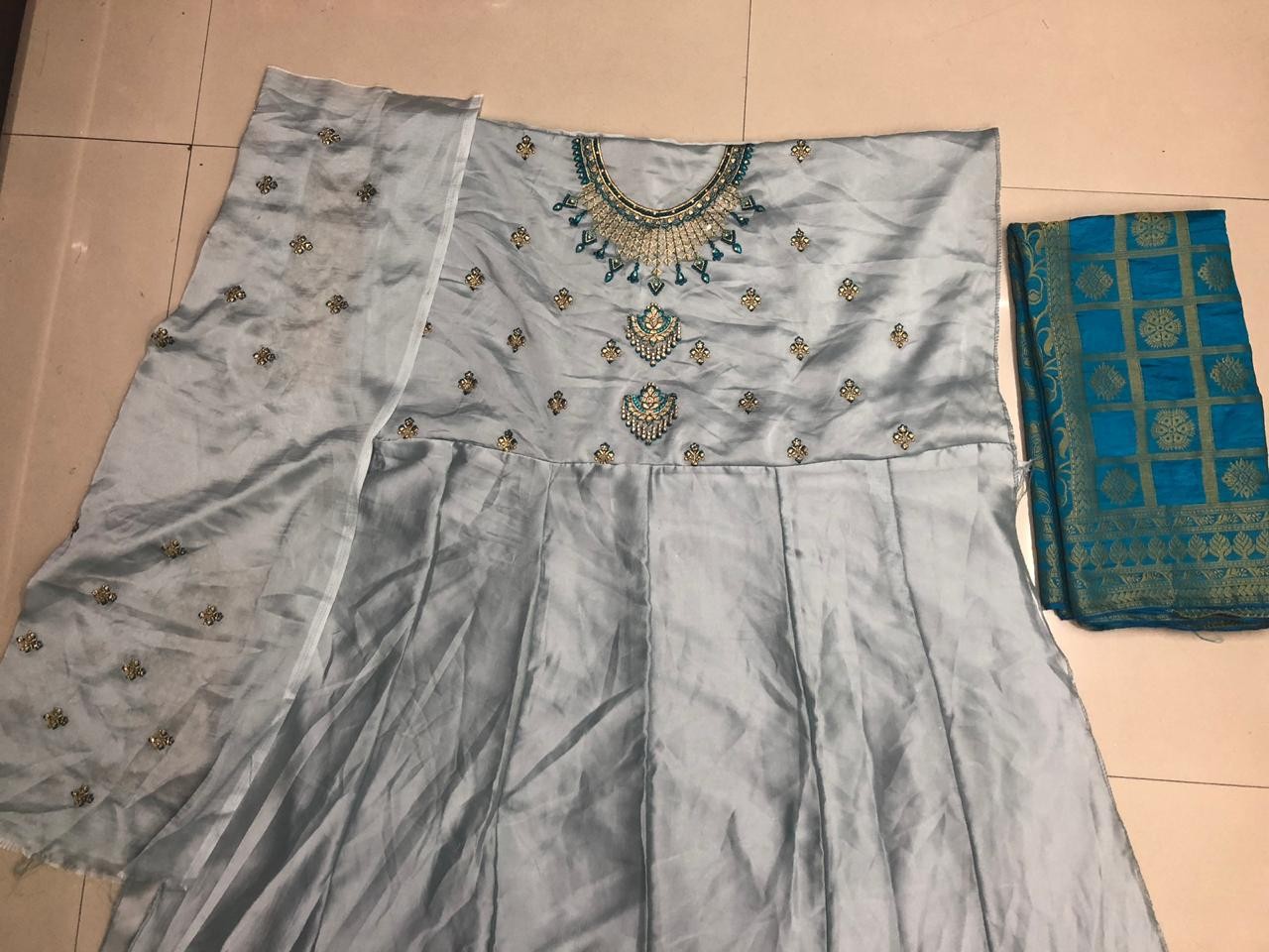 Grey satin georgette long anarkali suit