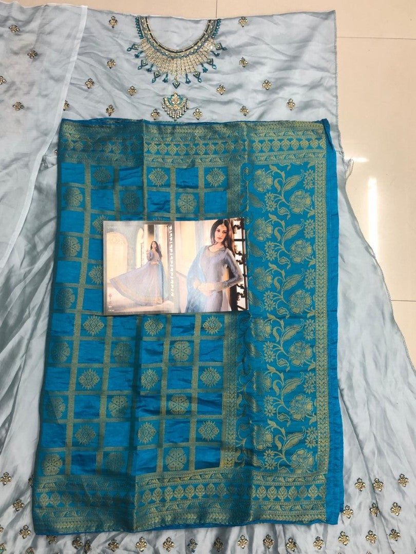 Grey satin georgette long anarkali suit