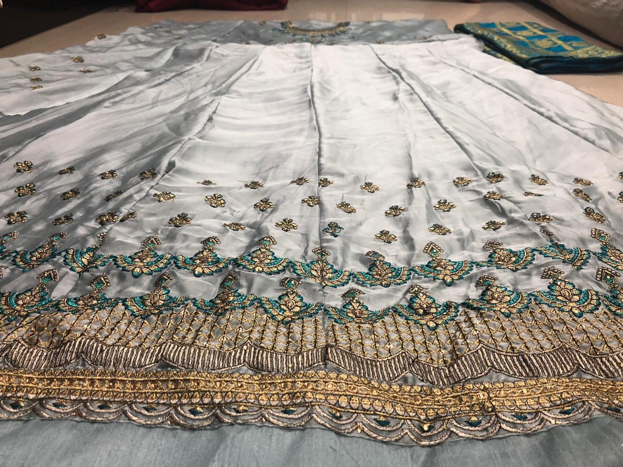 Grey satin georgette long anarkali suit