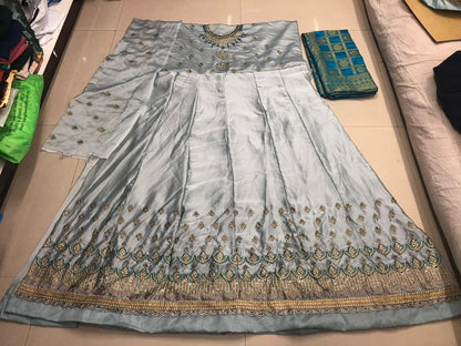 Grey satin georgette long anarkali suit