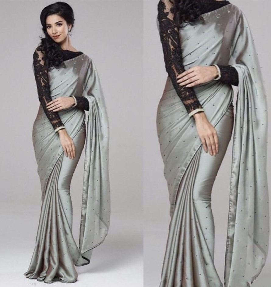 grey satin georgette partywear saree