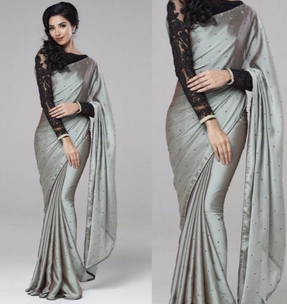 grey satin georgette partywear saree