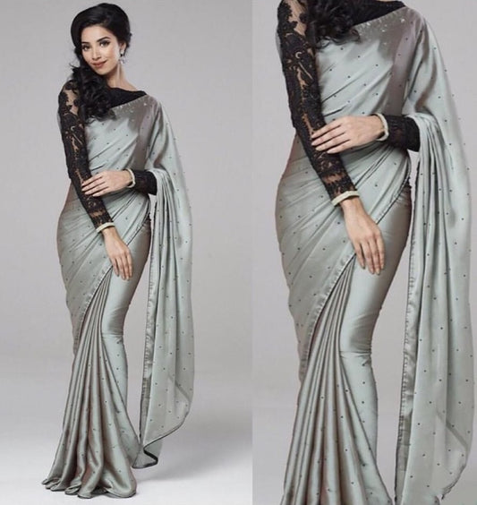 grey satin georgette partywear saree
