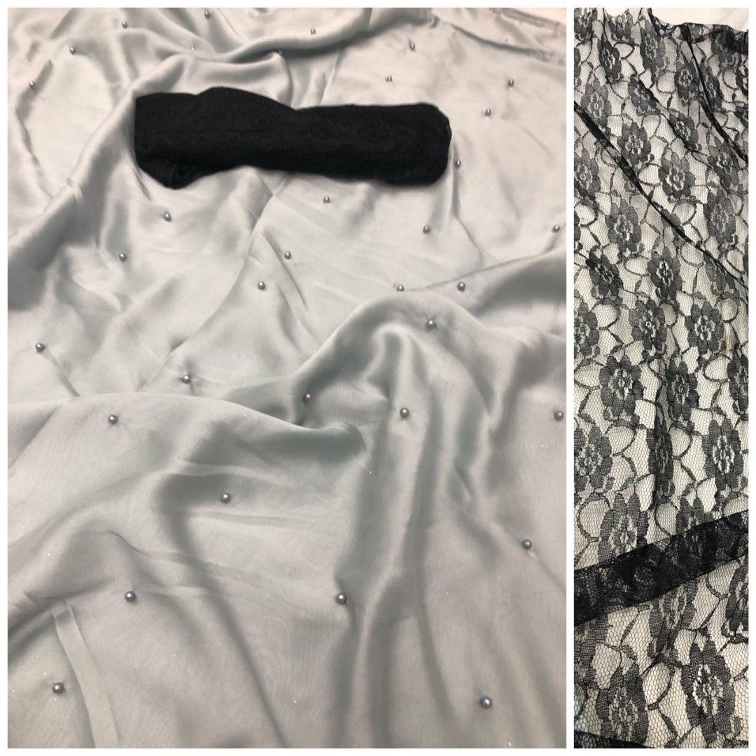 grey satin georgette partywear saree