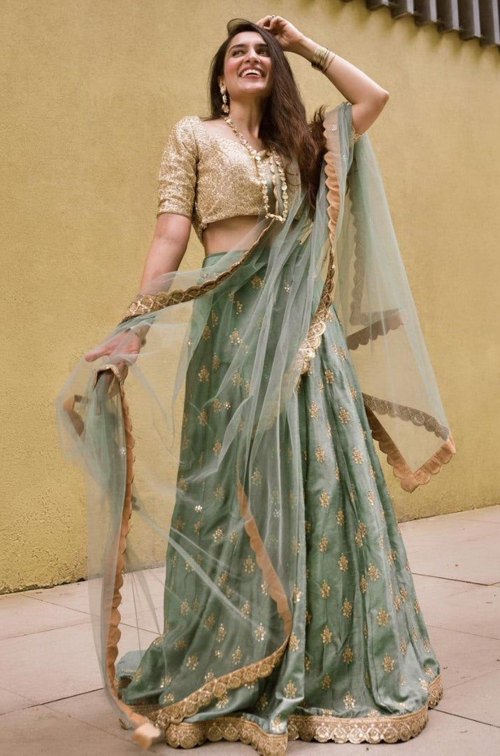 Grey satin silk embroidered sequence lehenga choli