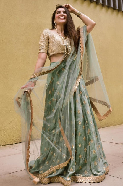 Grey satin silk embroidered sequence lehenga choli