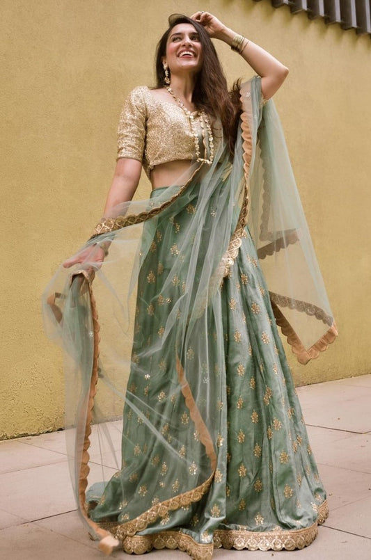 Grey satin silk embroidered sequence lehenga choli