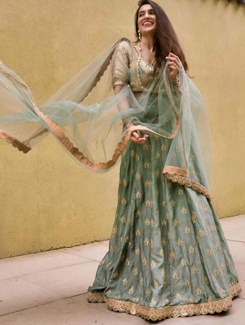 Grey satin silk embroidered sequence lehenga choli