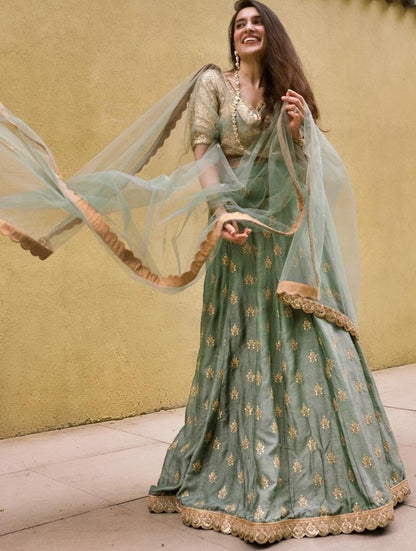 Grey satin silk embroidered sequence lehenga choli