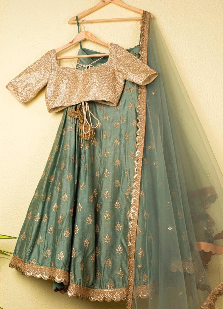 Grey satin silk embroidered sequence lehenga choli