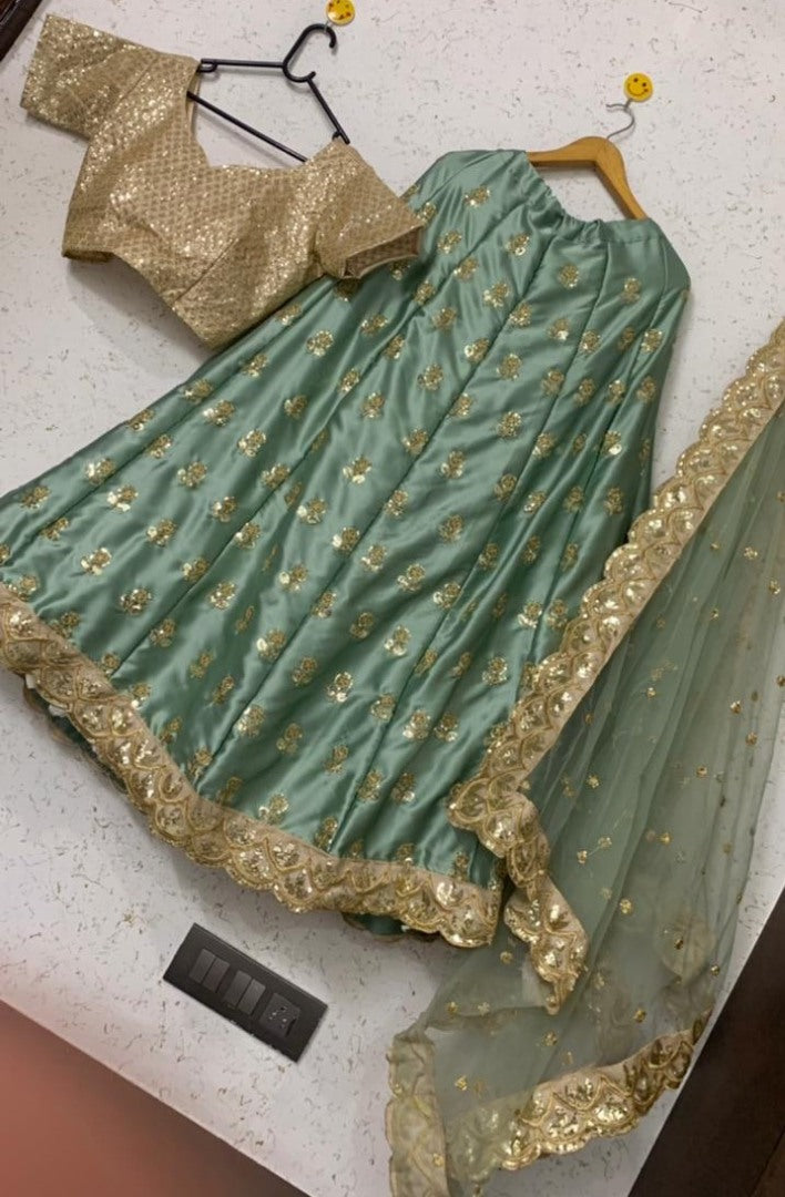 Grey satin silk embroidered sequence lehenga choli