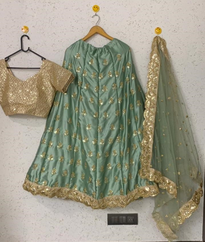 Grey satin silk embroidered sequence lehenga choli