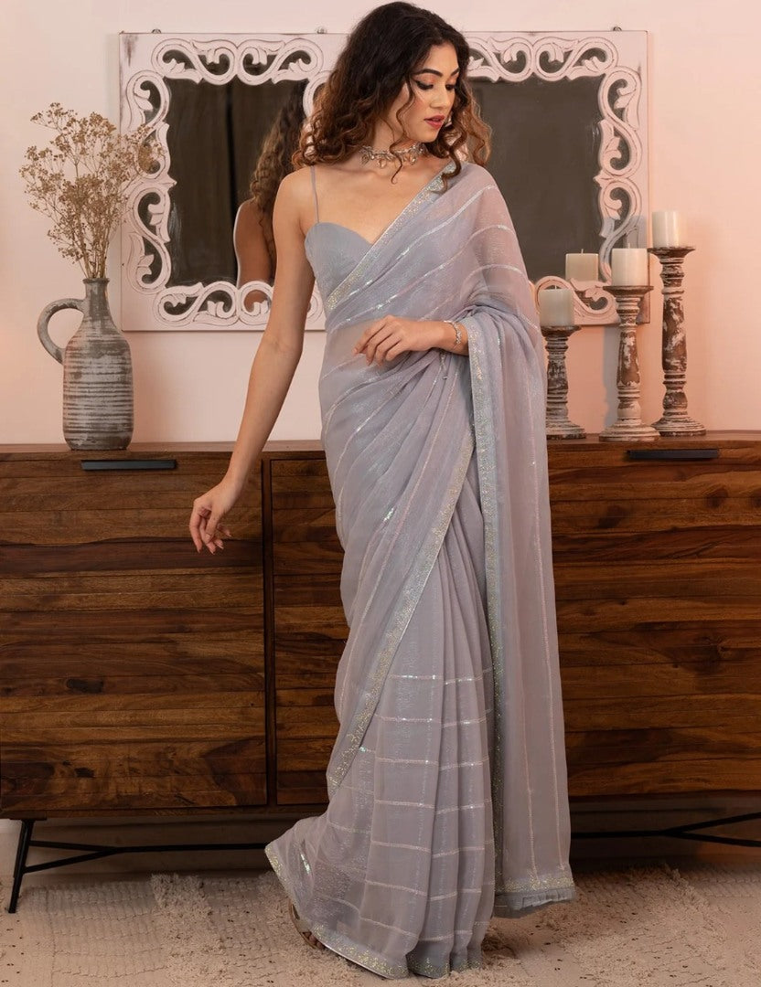 Grey shimmer fancy thread work sequence siroski work saree