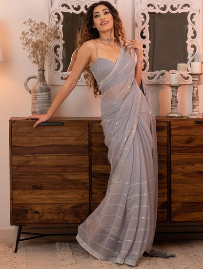 Grey shimmer fancy thread work sequence siroski work saree