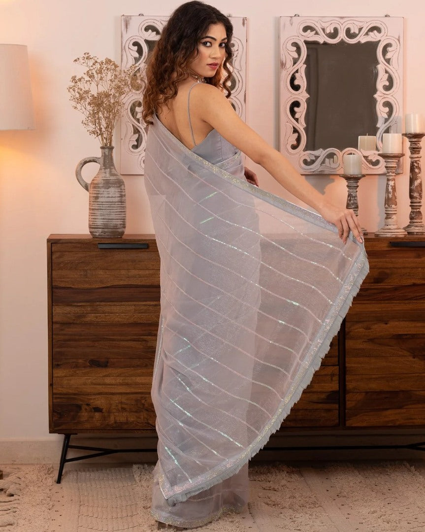 Grey shimmer fancy thread work sequence siroski work saree