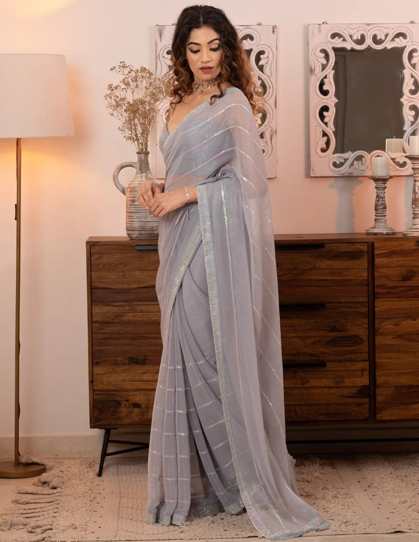 Grey shimmer fancy thread work sequence siroski work saree
