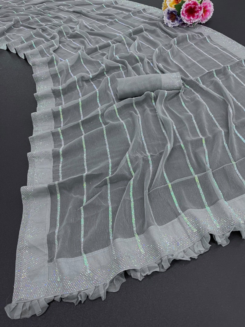 Grey shimmer fancy thread work sequence siroski work saree