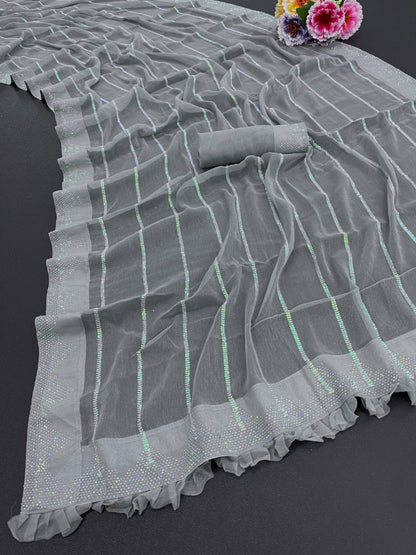 Grey shimmer fancy thread work sequence siroski work saree