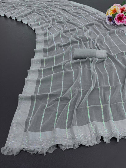 Grey shimmer fancy thread work sequence siroski work saree