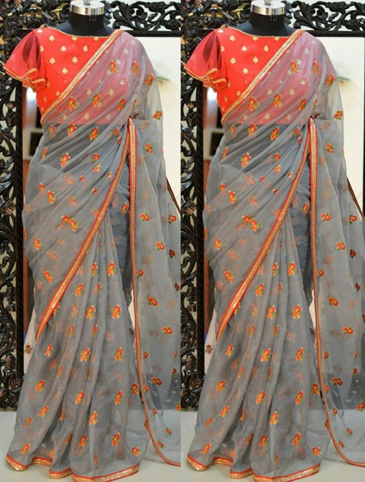 grey silver chiffon multi color threadwork festival wear saree