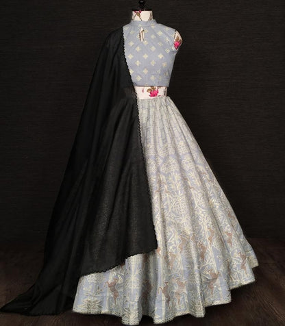 Grey slub silk zari and foli work lehenga silk