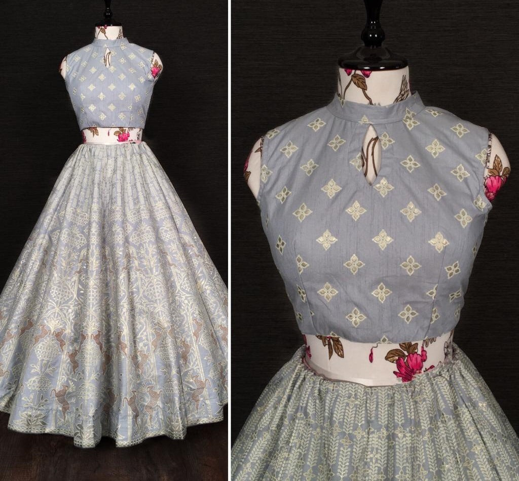 Grey slub silk zari and foli work lehenga silk