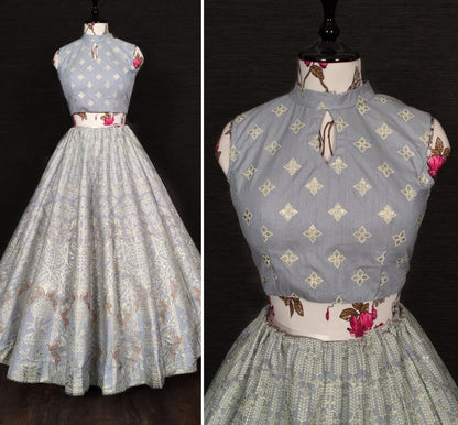 Grey slub silk zari and foli work lehenga silk