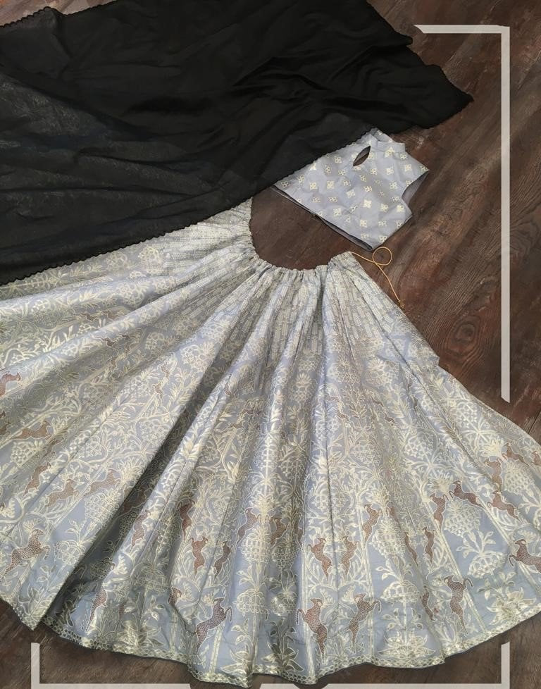 Grey slub silk zari and foli work lehenga silk