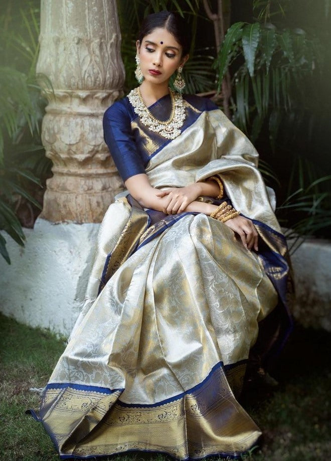 Grey soft kanjiwaram silver jacquard weaving work ceremonial saree