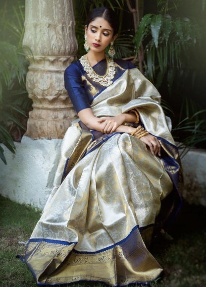 Grey soft kanjiwaram silver jacquard weaving work ceremonial saree