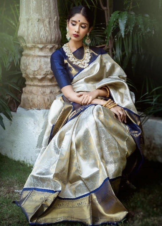 Grey soft kanjiwaram silver jacquard weaving work ceremonial saree