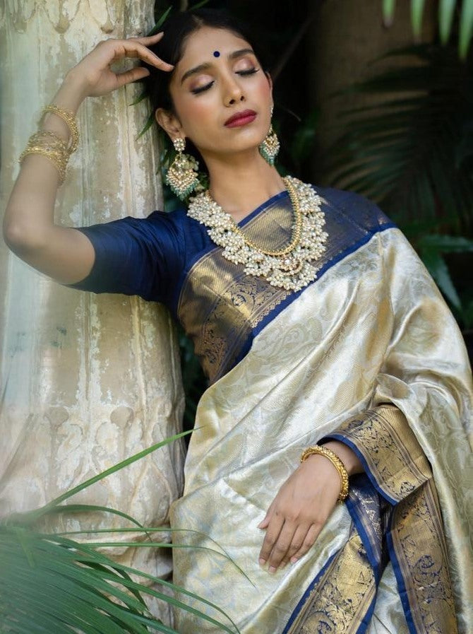 Grey soft kanjiwaram silver jacquard weaving work ceremonial saree