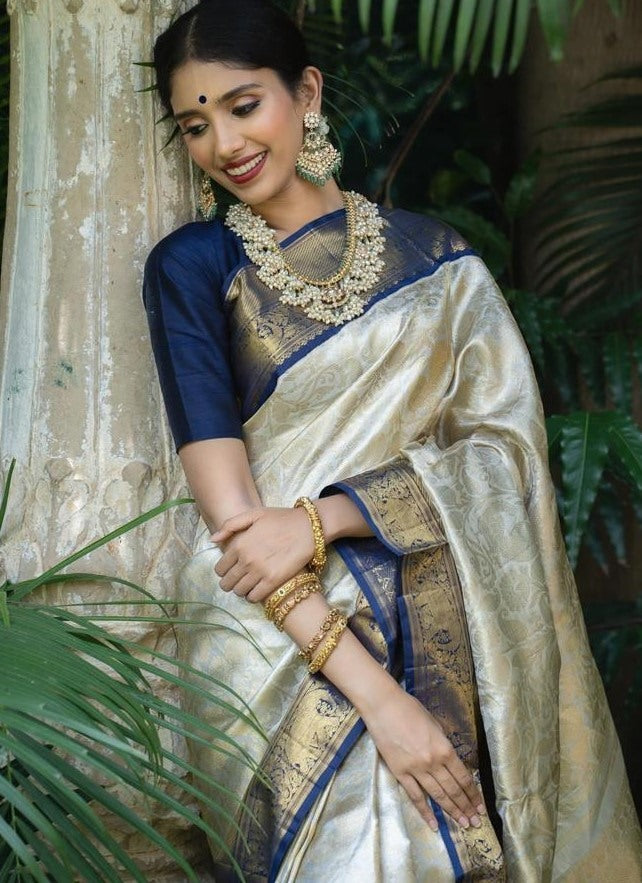 Grey soft kanjiwaram silver jacquard weaving work ceremonial saree