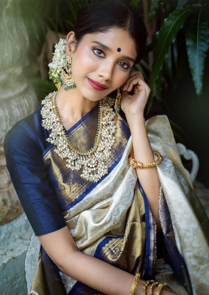 Grey soft kanjiwaram silver jacquard weaving work ceremonial saree