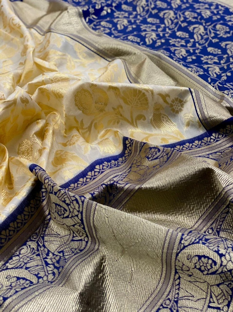 Grey soft kanjiwaram silver jacquard weaving work ceremonial saree